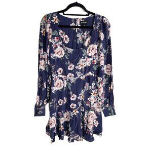 Yumi Kim Hey Jude Navy Floral Long Sleeve Mini Dress Ruffle Hem Square Neckline